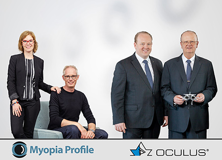 Die Geschäftsführer Kate und Paul Gifford von Myopia Profile und die Geschäftsführer Christian und Rainer Kirchhübel von OCULUS beginnen eine Partnerschaft.